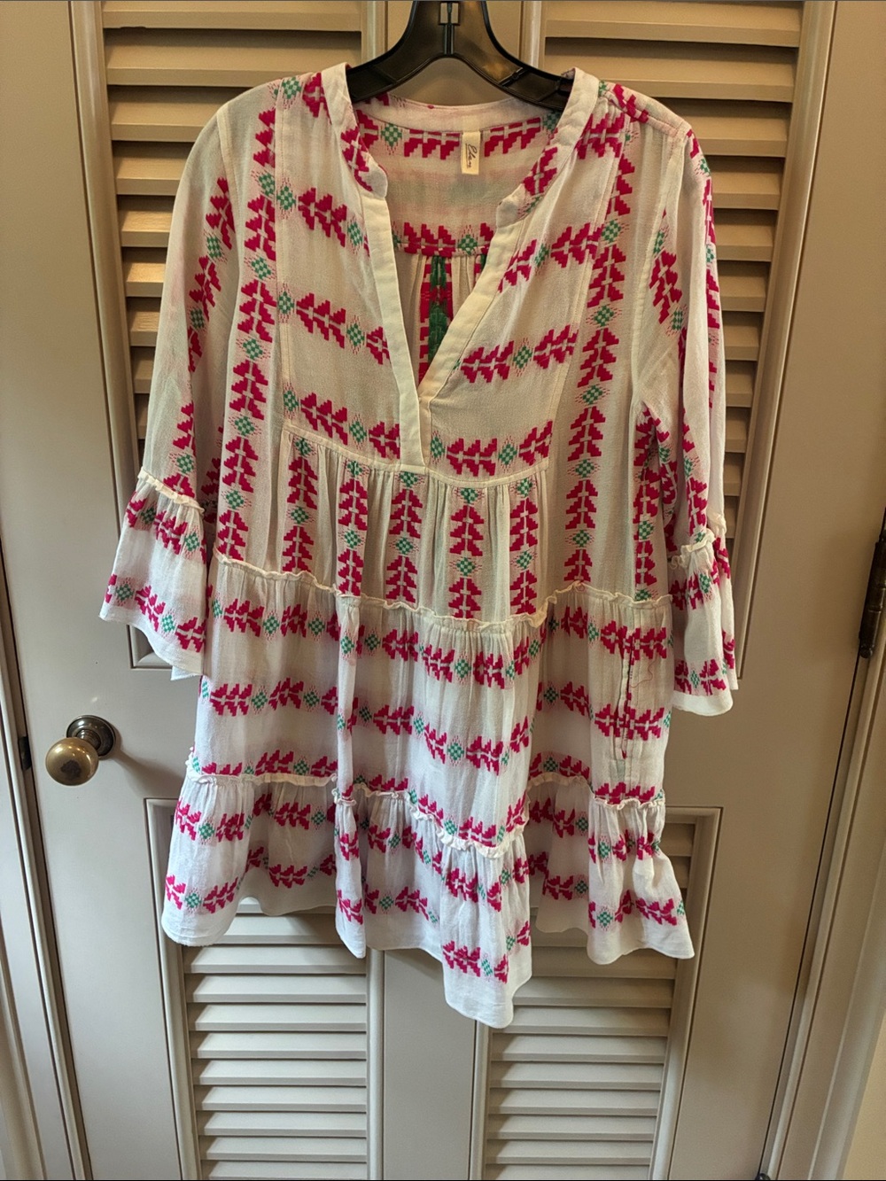 ELAN Clara Tunic Dress with Pink/Red/Green Embroidery